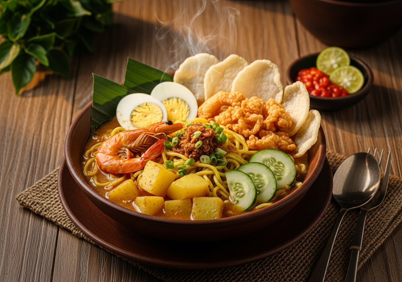 Traditional Indonesian dishes on a shared table